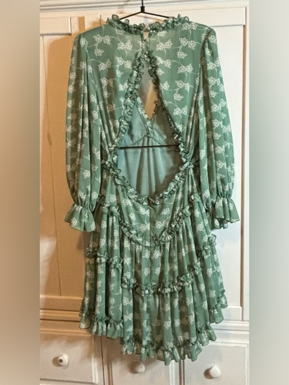 Aura Floral Ruffle Mini Dress Sage Green Boho Open Back Long Sleeve Large - Picture 7 of 15